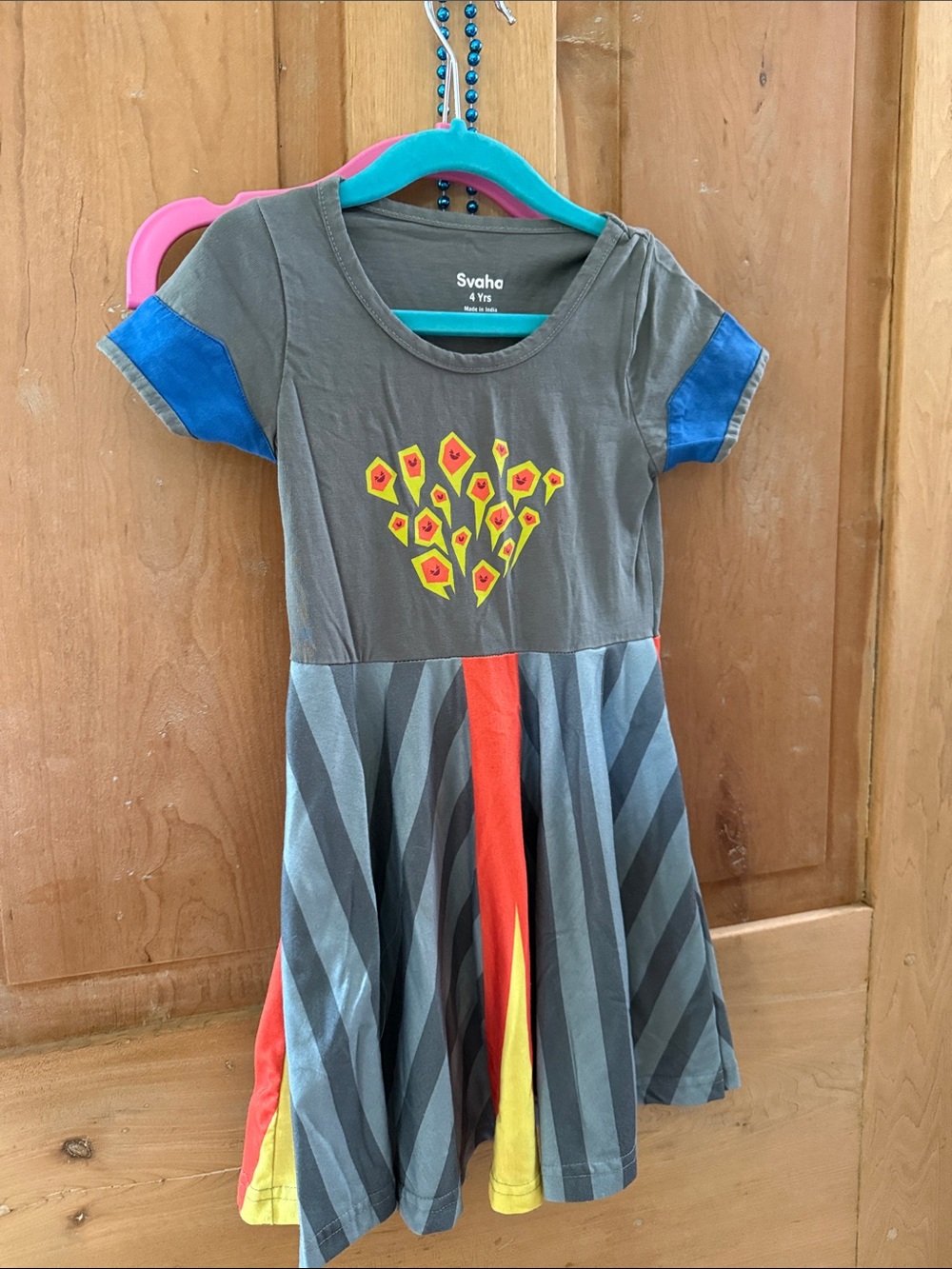 Svaha Girls' Gray Graphic volcano Twirl Dress with Blue Sleeve Accents